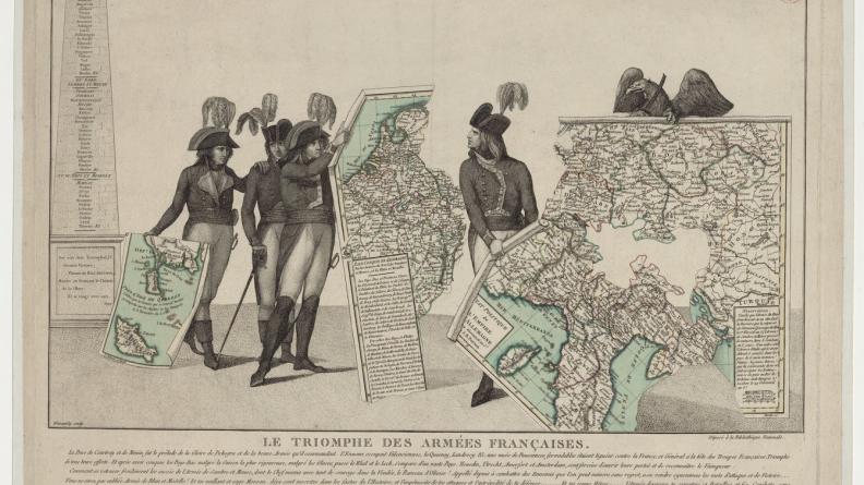 Estampe d'Antoine Maxime Monsaldy : Napoléon Bonaparte consultant des cartes au Dépôt de la guerre.